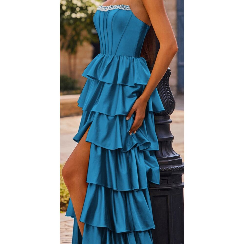 STACEES PROM 2025 Peacock Blue Beaded Corset Ruffle Skirt Hi Slit Size 4